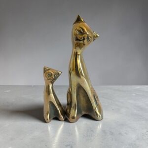 Vintage Mid Century Modern Brass Cat Figurines Set of 2 MCM Decor 3.5" & 6.5"